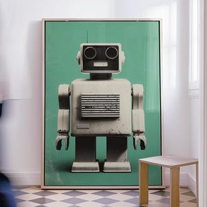 Arte mural de robot retro: Impresión vintage de ciencia ficción, póster verde (descarga digital)