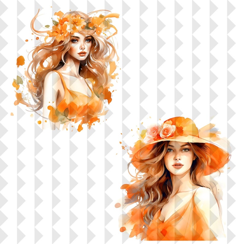 Women in Orange Dress Clipart, Digital Download, Transparent Background