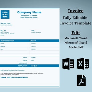 Puede incluir: Una plantilla de factura azul y blanca con el texto "Factura" y "Plantilla de factura totalmente editable". La plantilla incluye secciones para información de facturación, descripción del artículo, cantidad, subtotal, tasa de impuestos, costos adicionales y costo total. La plantilla es editable en Microsoft Word, Excel y Adobe PDF.