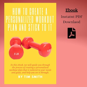 Może przedstawiać: Okładka ebooka z żółtym tłem i czerwonymi hantlami. Tytuł to "Jak stworzyć spersonalizowany plan treningowy i trzymać się go". Tekst "Ebook Natychmiastowy Download PDF" znajduje się w prawym górnym rogu. Tekst "Autorstwa Tima Smitha" znajduje się na dole okładki.