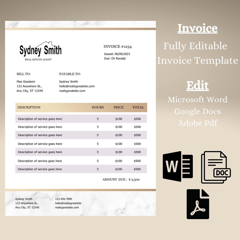 Modern Invoice Template, Printable for Word, Google Docs (instant ...