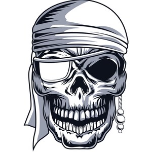 Puede incluir: Una ilustración en blanco y negro de una calavera con un parche en el ojo y un pañuelo. La calavera sonríe y tiene un pendiente de cuentas.
