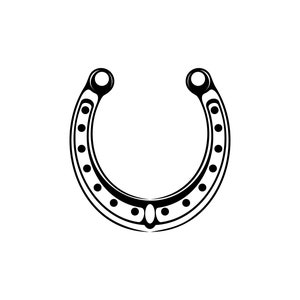 Könnte beinhalten: Ein schwarzes Hufeisen mit traditionellem Design. Das Hufeisen ist ein Symbol für Glück und Vermögen.