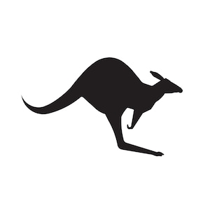 May include: Black silhouette of a kangaroo hopping to the right.