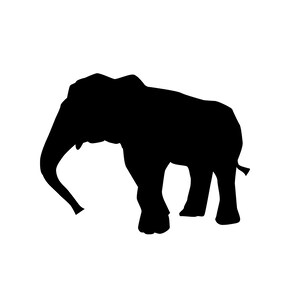 Puede incluir: Silueta negra de un elefante con la trompa enroscada.