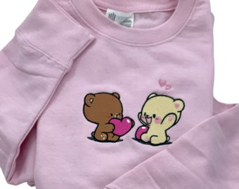 Embroidered Sweatshirt for Valentines, Crewneck and Hoodie embroidered cute bear couple, Mocha Milk Bear Couple, Kawaii Bears, Gift for her