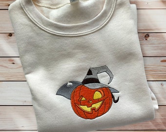 Halloween Embroidered Crewneck Sweatshirt featuring a Pumpkin Jack-o-Lantern design. Great for the fall Spooky Season Perfect Gift  for Her
