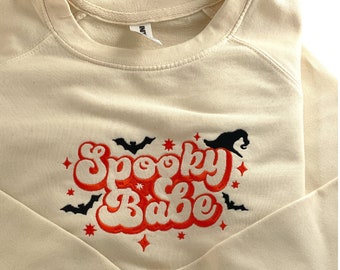 Spooky Babe Embroidered Halloween Sweatshirt - Fall Season Gift - Witch and Pumpkin Design