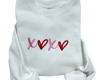 Embroidered Sweatshirt for Valentines, Crewneck and Hoodie embroidered with XOXO design, Machine Embroidery Gift