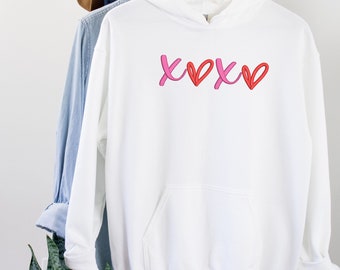 Embroidered Sweatshirt for Valentines, Crewneck and Hoodie embroidered with XOXO design, Machine Embroidery Gift