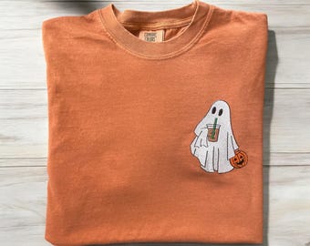 Embroidered Ghost Halloween T-Shirt Comfort Colors Cute Spooky Coffee Lover Tee - Pumpkin Bucket Fall Shirt Woman Halloween Fall Shirt Com