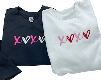 Embroidered Sweatshirt for Valentines, Crewneck and Hoodie embroidered with XOXO design, Machine Embroidery Gift