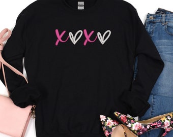 Embroidered Sweatshirt for Valentines, Crewneck and Hoodie embroidered with XOXO design, Machine Embroidery Gift
