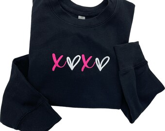 Embroidered Sweatshirt for Valentines, Crewneck and Hoodie embroidered with XOXO design, Machine Embroidery Gift