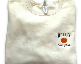 Hello Pumpkin Halloween Embroidered Crewneck Sweatshirt featuring a Pumpkin design. Great for the fall Spooky Season Perfect Gift  for Her