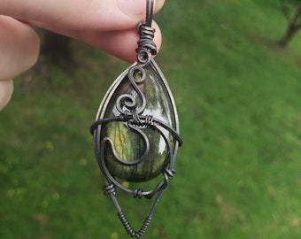 Labradorite Moon Wire Wrapped Crystal Pendant Necklace