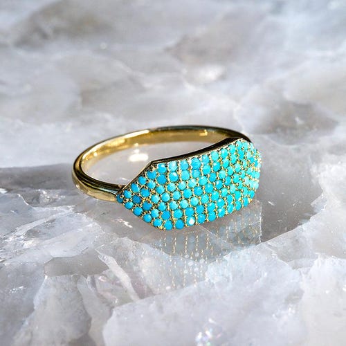 Bague d'identité en argent sterling 925 plaqué or 14 carats et turquoise, hypoallergénique.