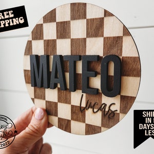Baby Name Sign for boys, Checkered Baby Name Announcement Sign, Checkerboard Hospital Name Sign, Newborn Name Wood Sign Baby Shower Gift boy