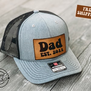 Dad est. Leather Patch Hat Customizable Trucker Hat Snap Back Hat Men Personalized Logo Mens Hat Laser Engraved Gift for Men Business Logo