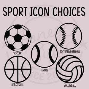K&ouml;nnte beinhalten: Hellrosa Grafik mit f&uuml;nf schwarzen Sport-Icons: Fu&szlig;ball, Baseball/Softball, Tennis, Basketball und Volleyball. Der Text "SPORT ICON CHOICES" steht oben. Jedes Icon hat seinen Sportnamen darunter.