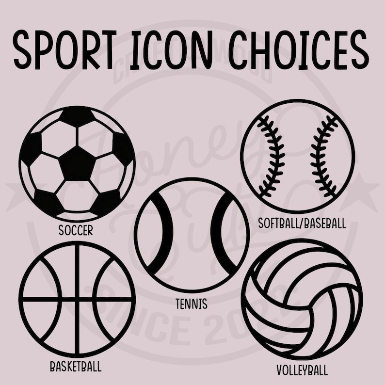 K&ouml;nnte beinhalten: Hellrosa Grafik mit f&uuml;nf schwarzen Sport-Icons: Fu&szlig;ball, Baseball/Softball, Tennis, Basketball und Volleyball. Der Text "SPORT ICON CHOICES" steht oben. Jedes Icon hat seinen Sportnamen darunter.