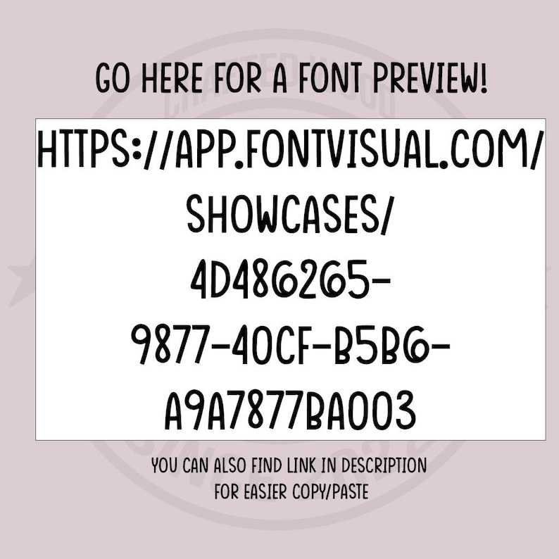 K&ouml;nnte beinhalten: Hellrosa Hintergrund mit schwarzem Text: &bdquo;GO HERE FOR A FONT PREVIEW!&ldquo; und einer URL: HTTPS://APP.FONTVISUAL.COM/SHOWCASES/4D486265-9877-40CF-B5B6-A9A7877BA003. Der Text &bdquo;YOU CAN ALSO FIND LINK IN DESCRIPTION FOR EASIER COPY/PASTE&ldquo; ist ebenfalls enthalten.