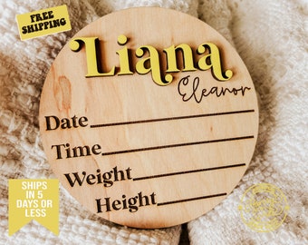 Wooden Birth Announcement Sign | Baby Announcement Hospital Sign Boho | Personalized baby name sign | Birth announcement stat sign | Yellow