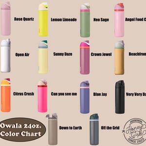 K&ouml;nnte beinhalten: Eine Farbkarte von Owala 24oz. Wasserflaschen in verschiedenen Farben, darunter Rose Quartz, Lemon Limeade, Neo Sage und Angel Food Cake. Weitere Farben sind Open Air, Sunny Daze, Crown Jewel, Beachfront, Citrus Crush, Can you see me, Blue Jay, Very Very Dark, Down to Earth und Off the Grid.