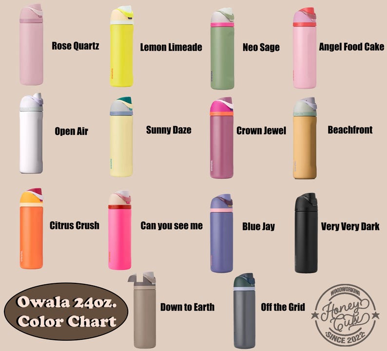K&ouml;nnte beinhalten: Eine Farbkarte von Owala 24oz. Wasserflaschen in verschiedenen Farben, darunter Rose Quartz, Lemon Limeade, Neo Sage und Angel Food Cake. Weitere Farben sind Open Air, Sunny Daze, Crown Jewel, Beachfront, Citrus Crush, Can you see me, Blue Jay, Very Very Dark, Down to Earth und Off the Grid.