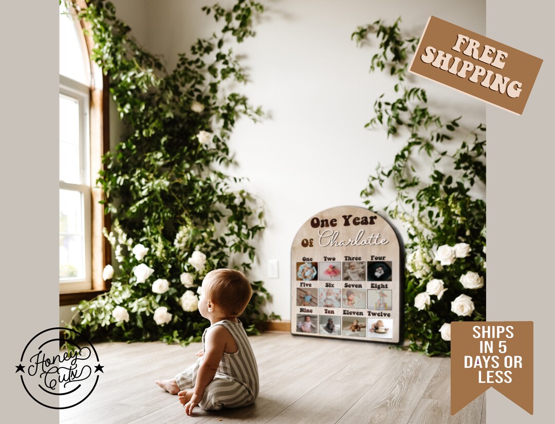 One Year of Photo Board Milestone Birthday Sign Arch Boho Wood Memory ...