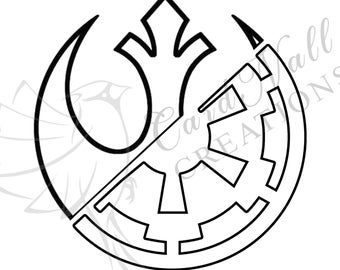 Peut inclure: Illustration en noir et blanc de l'emblème de l'Alliance rebelle et de l'emblème de l'Empire galactique, divisés en deux.