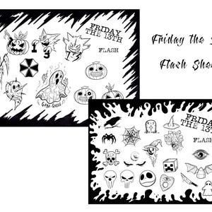 May include: Black and white flash sheets featuring Halloween and spooky themed illustrations. Designs include pumpkins, ghosts, skulls, and other eerie imagery. The text "Friday the 13th Flash Sheets" is also present.