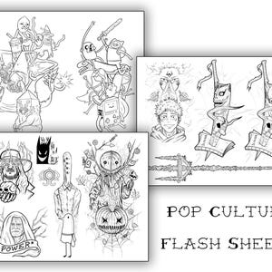 Könnte beinhalten: Schwarz-Weiß-Popkultur-Flash-Sheets mit verschiedenen Cartoon-Charakteren und Illustrationen. Die Sheets enthalten Bilder von Charakteren aus Adventure Time und anderen Popkultur-Referenzen.