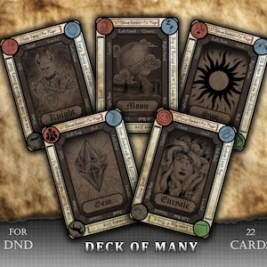 May include: A set of 22 fantasy cards with illustrations of a knight, moon, sun, gem, and Euryale. The cards have a vintage design with text including "Deck of Many" and "For DND".