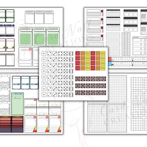 Puede incluir: Un conjunto de componentes de juego imprimibles, que incluyen cartas, dados y tableros de juego. Las cartas presentan diseños verdes, blancos y rojos. Los dados son negros con puntos blancos. Los tableros de juego tienen patrones de cuadrícula.