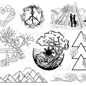 May include: A collection of black and white line drawings featuring various nature-inspired designs. The designs include a peace sign surrounded by flowers, a heart made of flowers, a tree with a sun and mountains in the background, a tree with a torii gate, a mountain range, a couple standing on a beach with palm trees, and a set of three triangles with flowers.