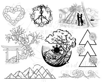 Instant Download of Geometric Nature Tattoo Designs, JPEG, Digital Files, Flash Sheet, Custom Art