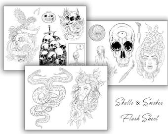 Custom TATTOO Flash of Skulls & Snakes, Digital Files, Instant Download