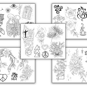 Puede incluir: Una colección de diseños de flash de tatuaje en blanco y negro. Los diseños incluyen un zorro, una pareja de esqueletos, un pájaro, una cruz, una flor, una serpiente, un corazón, un signo de paz, una mariposa, una rosa, un mandala y una máscara de demonio japonés.