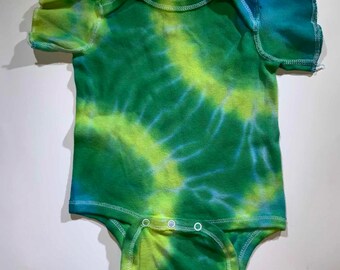 Tie Dye Little Woners for Baby, Yellow Green, Hand Dyed Fabric, Unique Children's Clothing, Infant Short Sleeve Body Suit, 3-6 Months