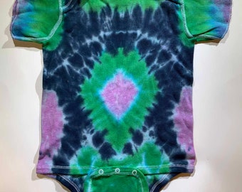 Tie Dye Little Wonders for Baby, Green Black Pink, Hand Dyed Fabric, Unique Children's Clothing, Infant Short Sleeve Body Suit, 18 Months
