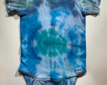 Tie Dye Gerber Onesies for Baby, Blue Green, Hand Dyed Fabric, Unique Children's Clothing, Infant Short Sleeve Cotton Body Suit, Medium