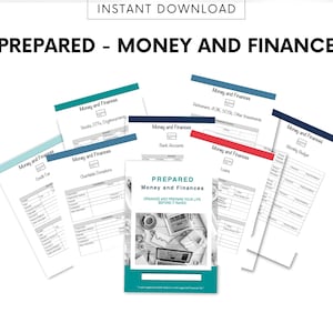 Puede incluir: Un libro de trabajo PDF imprimible titulado "Preparado - Dinero y Finanzas" con el lema "Organiza y prepara tu vida antes de que llueva". El libro de trabajo incluye hojas de trabajo para presupuestos, tarjetas de crédito, donaciones benéficas, ahorros, jubilación y más.