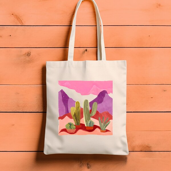 Desert Bloom Tote: Hand Painted Cactus & Wildflower Design - Eco Canvas Bag - Unique Artistry for Nature Enthusiasts