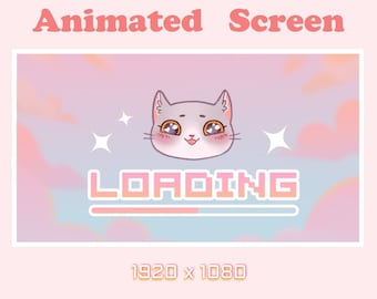 ANIMATED Stream Screen / Stream starting soon / Loading Screen / Cute Gray Cat / for Twitch, Youtube, OBS, Streamlabs