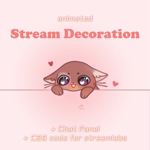 Può includere: Decorazione di streaming animata con un simpatico gatto dei cartoni animati con cuori rosa e il testo "Stream Decoration + Chat Panel + CSS code for streamlabs".