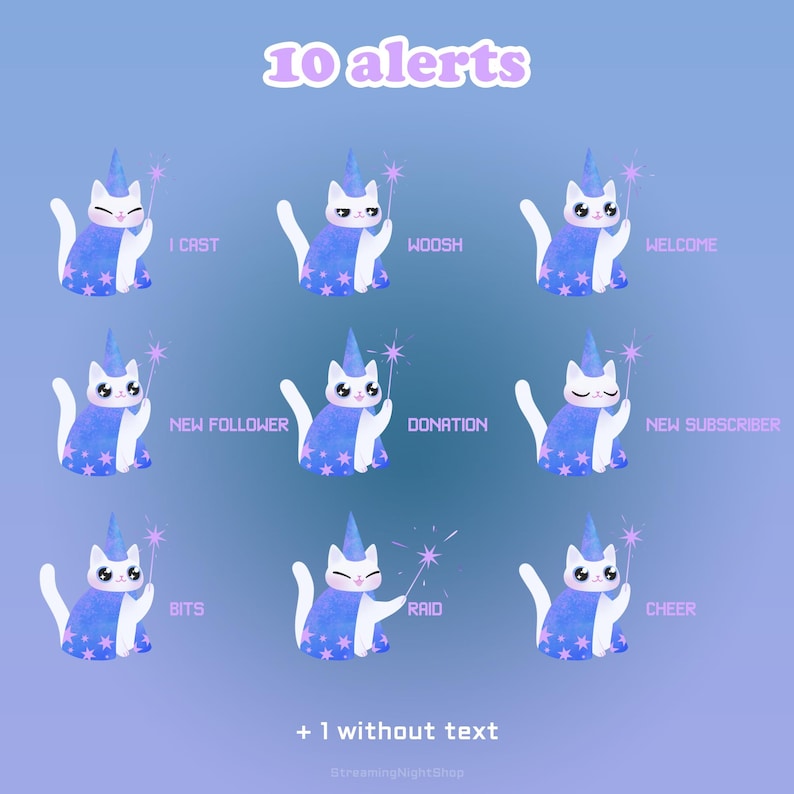 ANIMATED Alerts | White Cat Wizard | Twitch, Youtube, Kick, Streamlabs ...