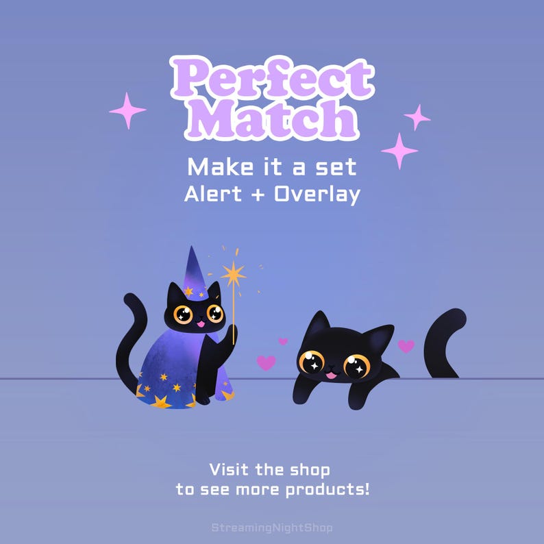 K&ouml;nnte beinhalten: Digitalgrafik mit dem Text &bdquo;Perfect Match&ldquo; und &bdquo;Make it a set Alert + Overlay&ldquo;. Es zeigt zwei schwarze Cartoon-Katzen mit gro&szlig;en Augen, eine in einem Zauberer-Outfit, die einen Zauberstab h&auml;lt. Der Hintergrund ist ein Farbverlauf aus Blau und Lila.