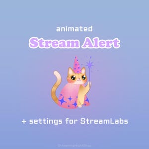 Op de afbeelding: Een geanimeerde stream-alertafbeelding met een lichtoranje kat die een roze tovenaarshoed en cape met blauwe sterpatronen draagt. De kat houdt een blauwe sterrenstaf vast. Tekst: animated Stream Alert + settings for StreamLabs StreamingNightShop.