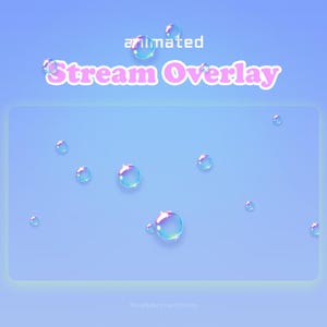 Pode incluir: Um gráfico de sobreposição de transmissão digital com um fundo azul claro e bolhas iridescentes espalhadas. O texto diz animated Stream Overlay em letras brancas e rosas. A parte inferior inclui o texto PixelMerchantShop.